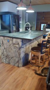 kitchen island with concrete stone base