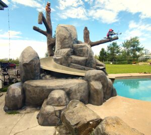 Concrete rocks and trees with pool slide and waterfall