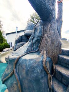 Close up of concrete stone, tree and stairs
